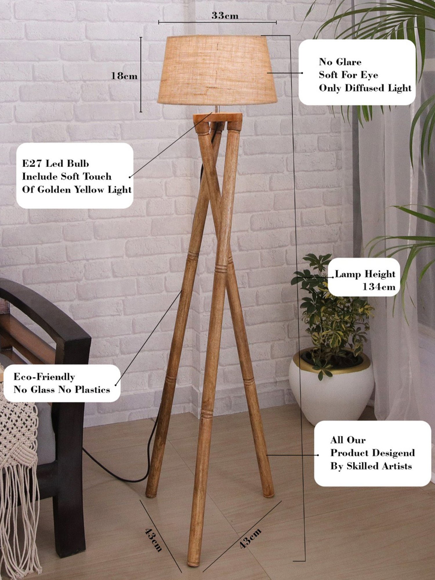 Homesake 'Tripod' Brown Wood Cross-Leg Floor Lamp With Shade & Bulb - Set of 1