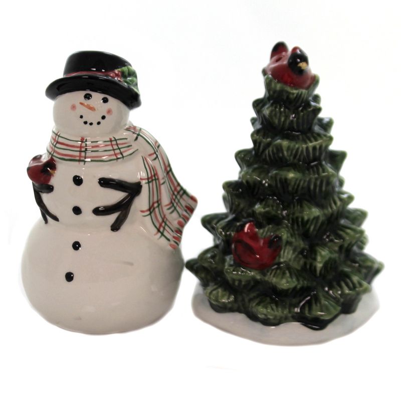 Tabletop 4.5" Watercolor Snowman Salt/Pepper Christmas Tree Cardinal Certified International  -  Salt And Pepper Shaker Sets