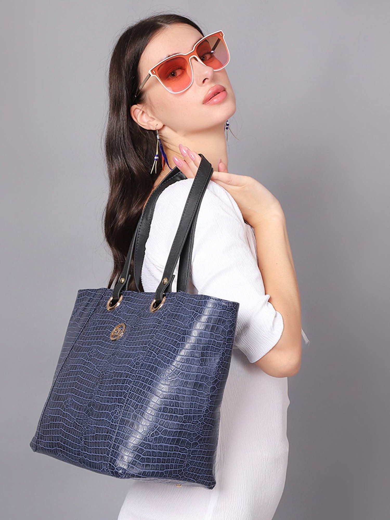 Carlton London Navy Textured Medium Tote Handbag