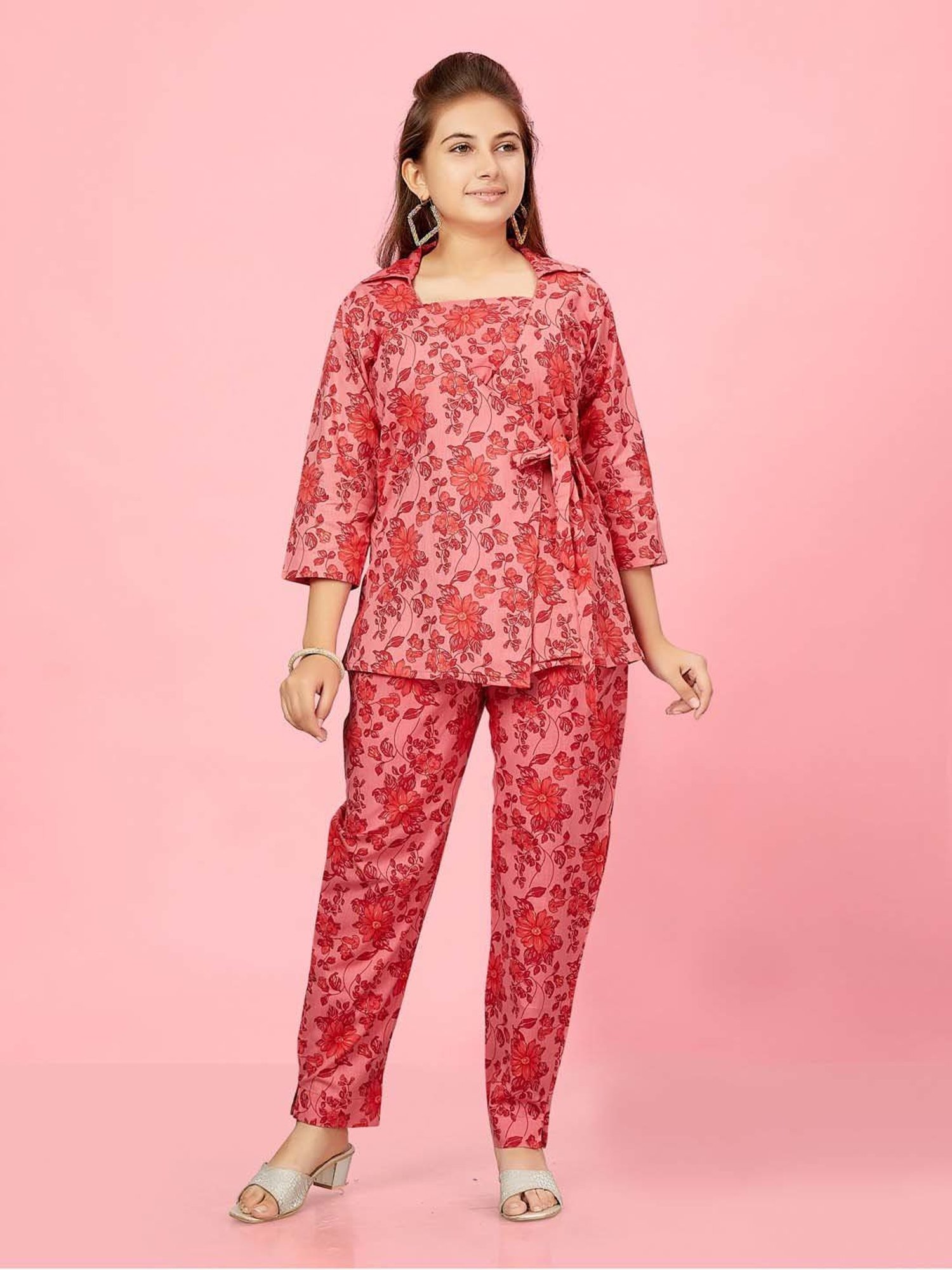 Aarika Kids Red Cotton Floral Print Top Set