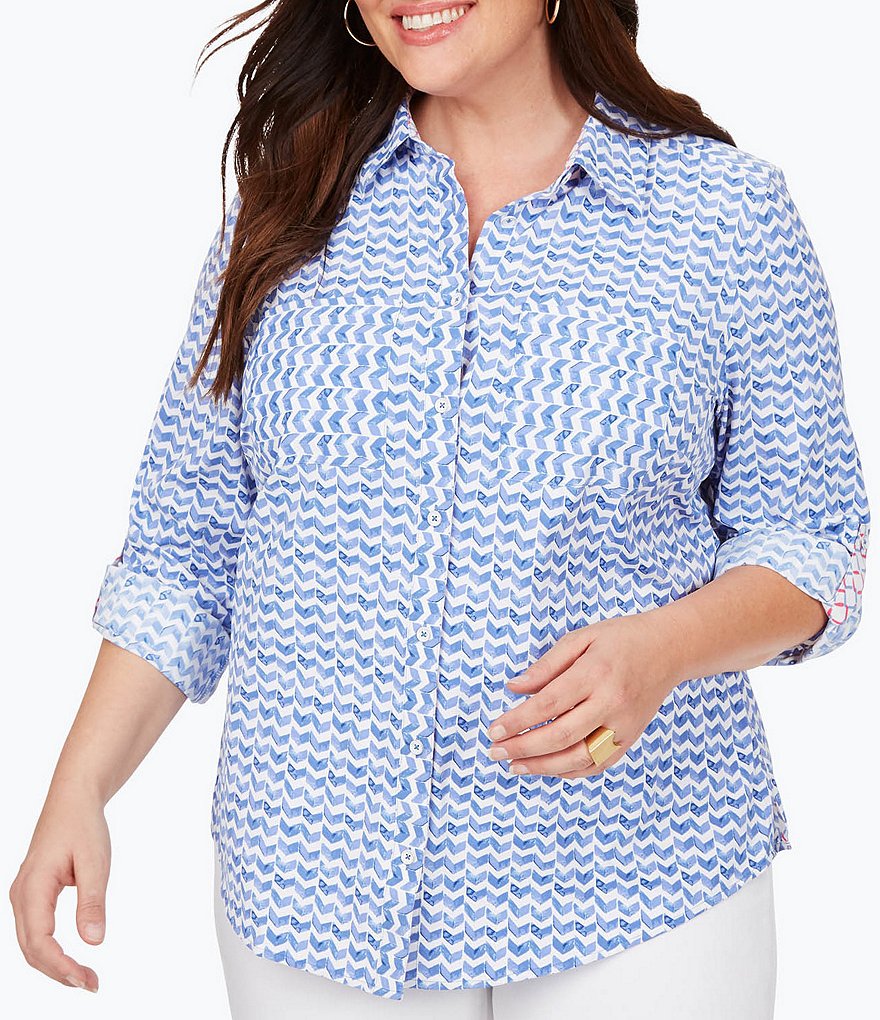 Foxcroft Plus Size Zoey Chic Chevron Print Point Collar Neck Button Front Long Sleeve Shirt