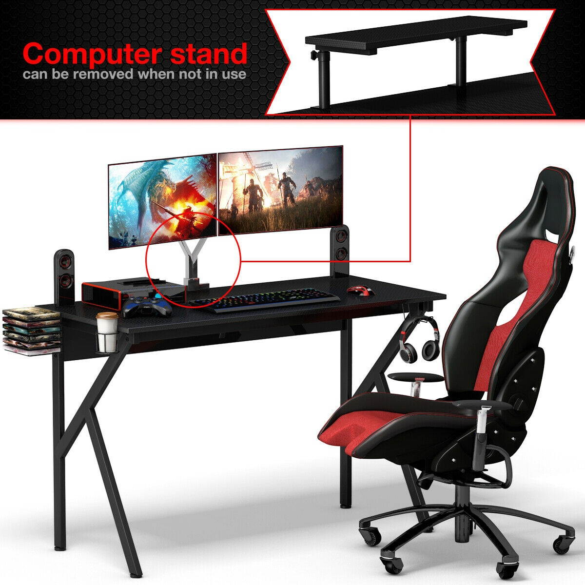 Gaming Desk Computer Desk PC Table Workstation with Cup Holder & Headphone Hook