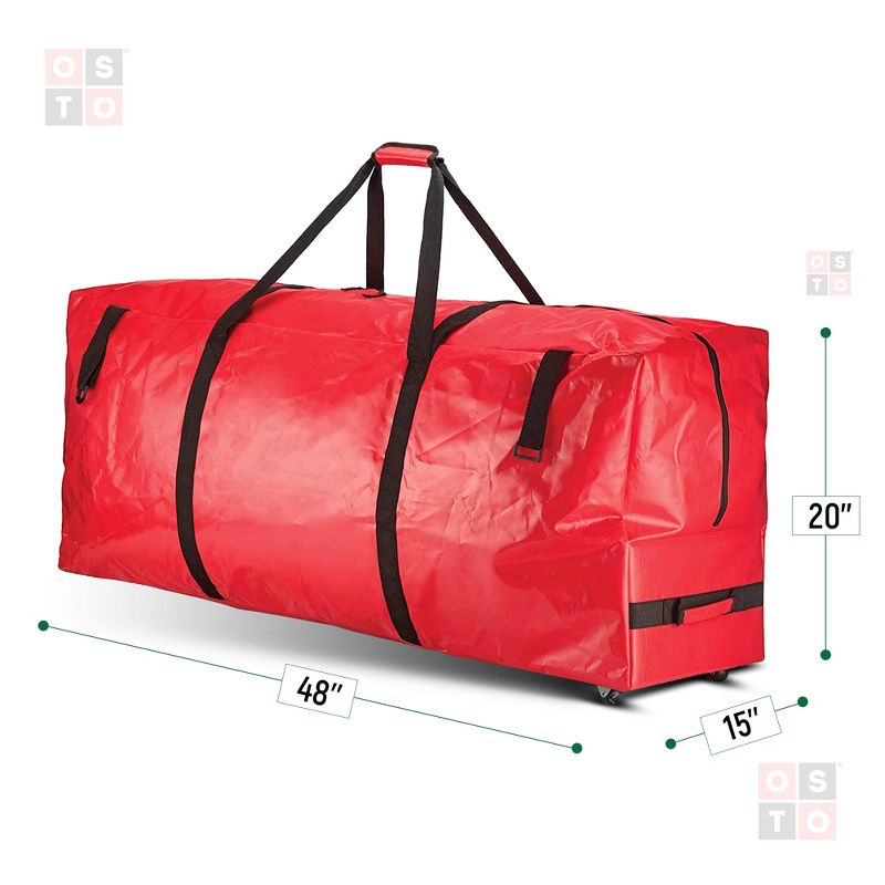 OSTO Heavy Duty PVC Artificial Christmas Tree Storage Bag with Wheels for Disassembled Trees up to 7.5 Feet 48x15x20 Inch Red