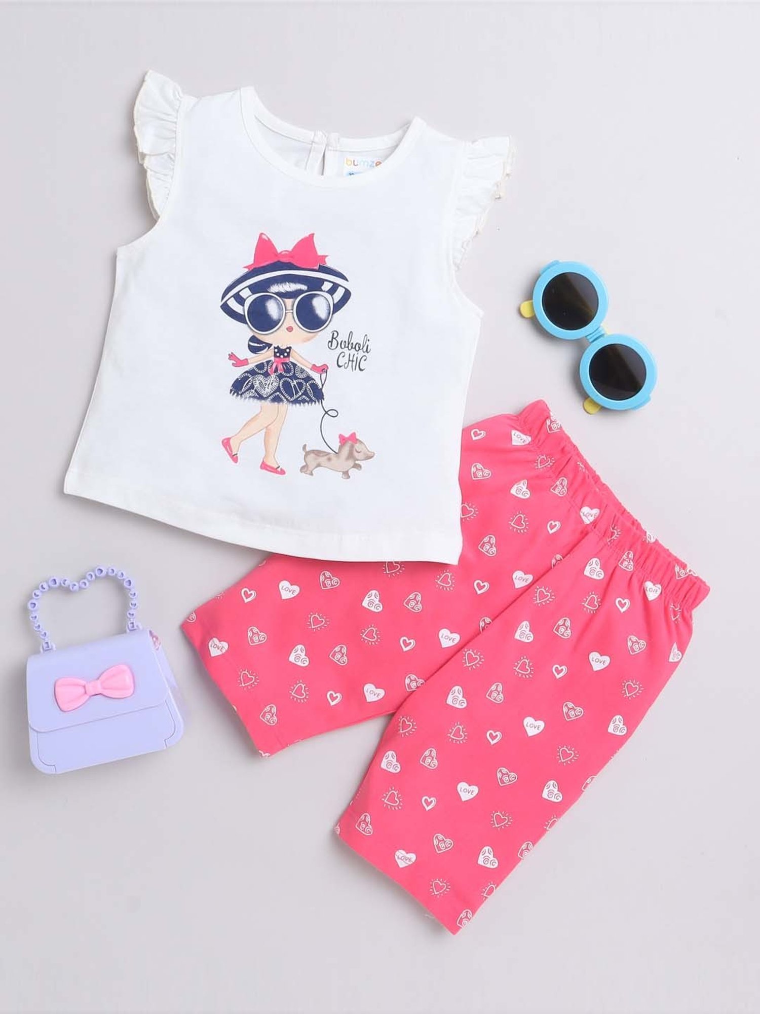 Bumzee Girls Off-White & Pink Cotton Printed T-Shirt Set