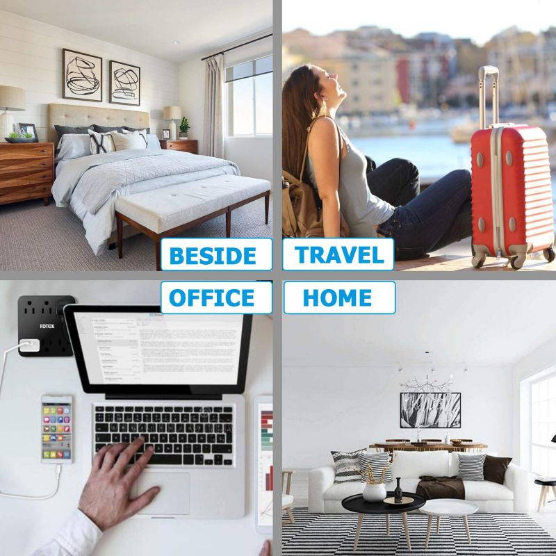 Power Strip Surge Protector with 4 USB Charging Ports and 6 AC Outlet, Desktop Charging Station with 4.6 ft Extension Cord, Circuit Breaker Safeguard Home&Office Accessories, Portable for Travel-Black