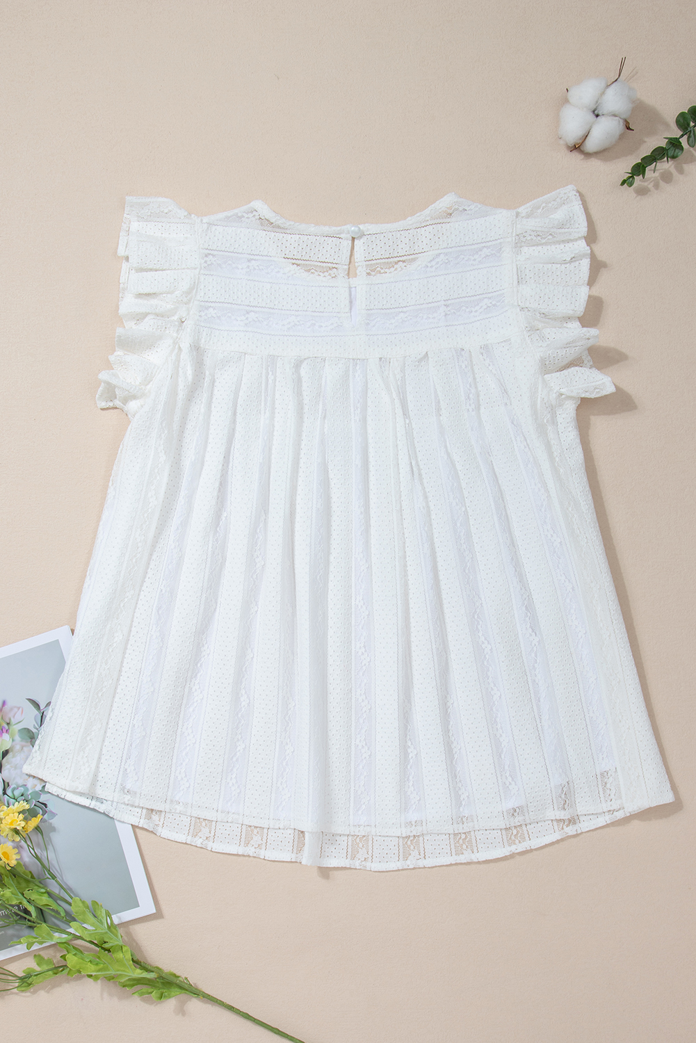 White Ruffled Lace Splicing Flowy Crewneck Sleeveless Shirt