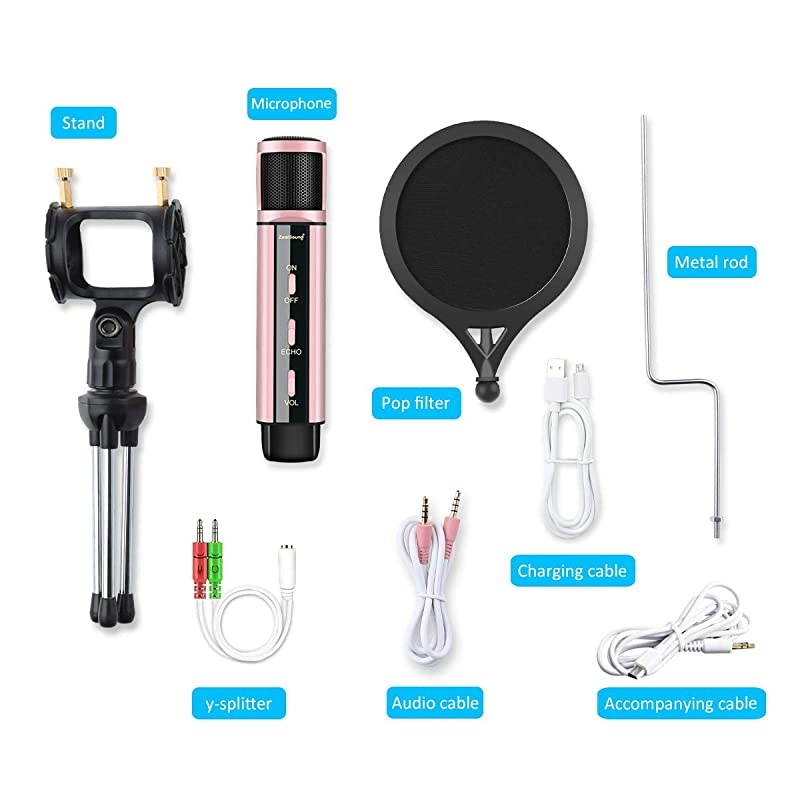 Studio Microphone  Condenser Recording Broadcasting Microphone With Stand Builtin Sound Card Echo Recording Karaoke Singing for Phone PC Garageband Smule Live Stream YouTube Rose Gold