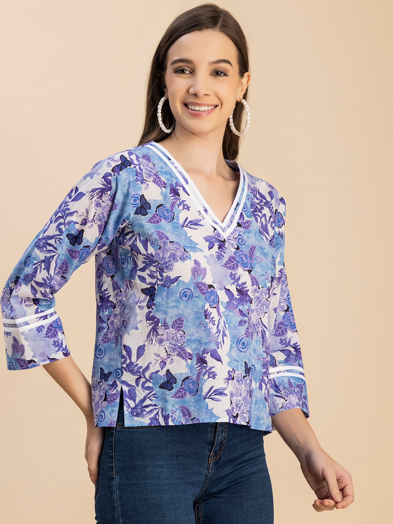 Moomaya Blue & White Cotton Floral Print Top