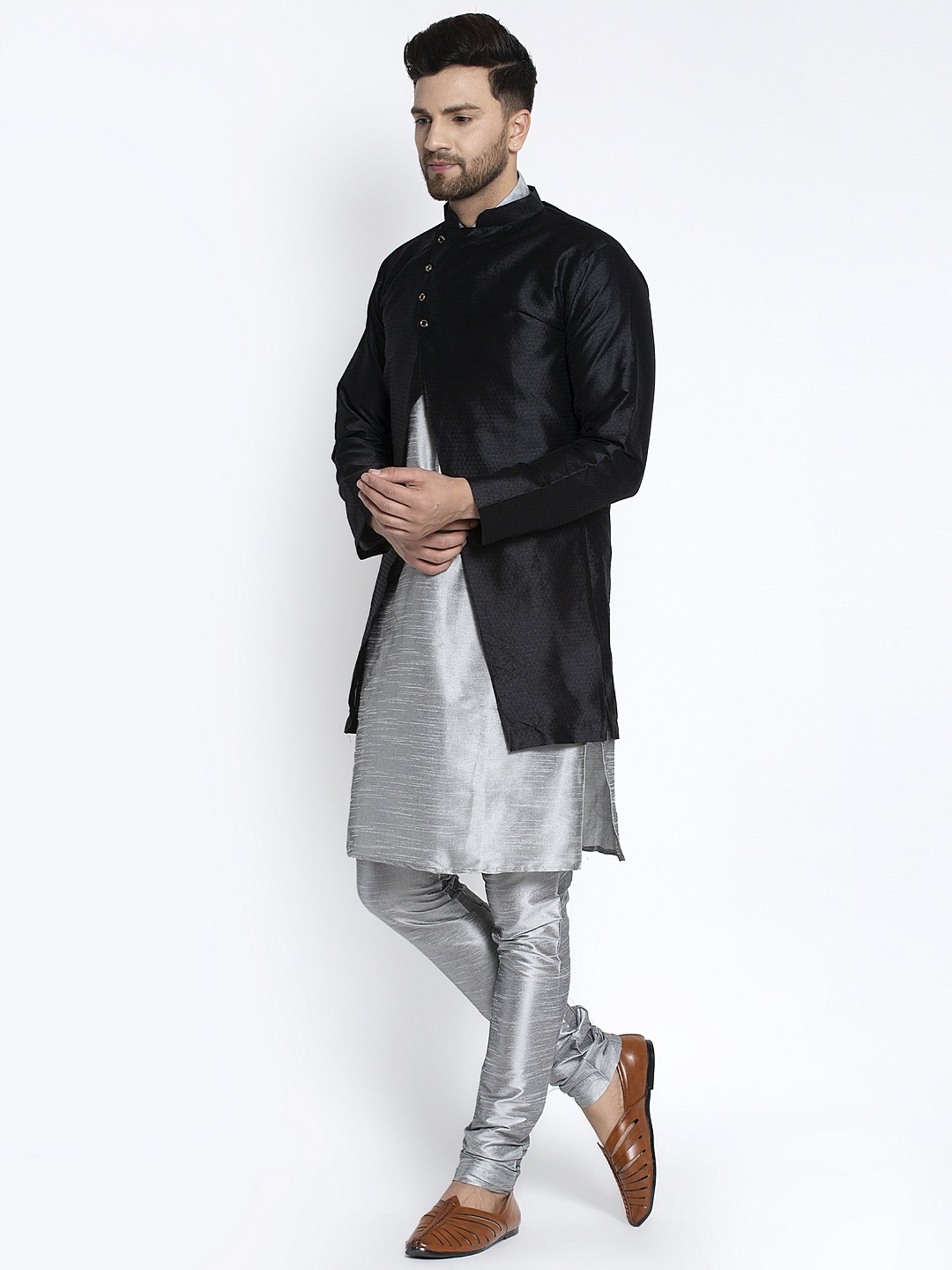 Benstoke Grey & Black Regular Fit Self Pattern Kurta Set With Jacket