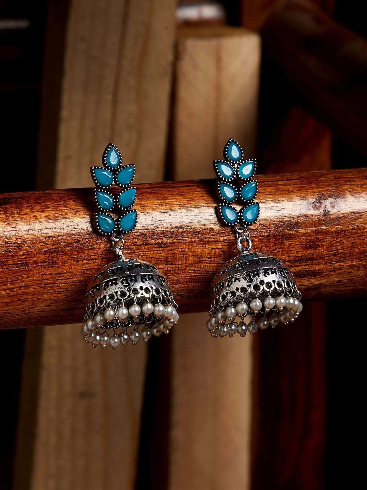 Panash Silver-Plated Oxidised Dome Shaped Jhumki Earrings
