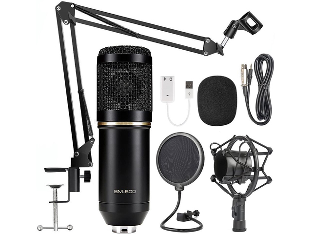 Condenser Microphone Bundle, BM-800 Mic Kit with Adjustable Mic Suspension Scissor Arm, Metal Shock Mount and Double-Layer Pop Filter for Studio Recording & Broadcasting (Black)