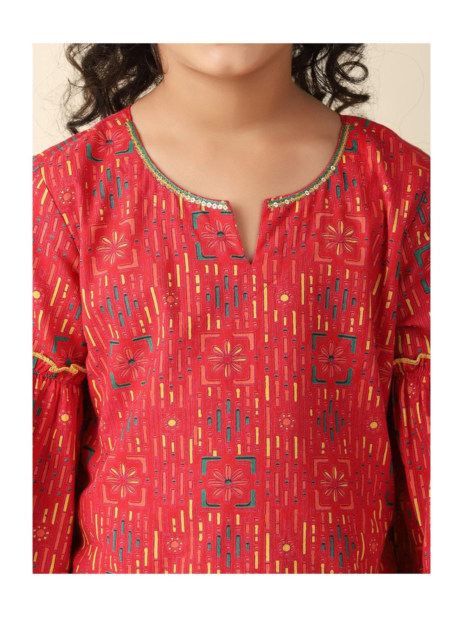 Fabindia Kids Red & Yellow Printed Kurta, Salwar with Dupatta