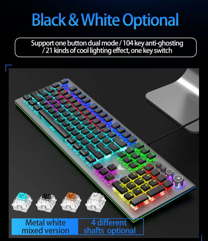 AULA S2096 Gamer Keyboard Mechanical Gaming Keyboard Backlit LED Wired 104 Keys Anti-ghosting Brown Blue Switch for PC Computer