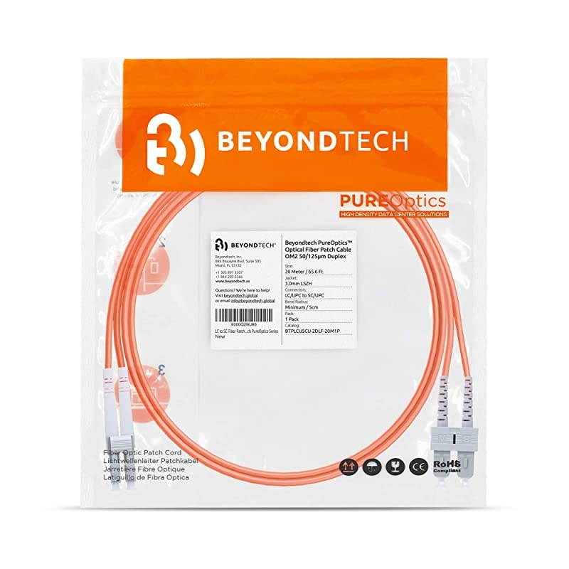 LC to LC Fiber Patch Cable Multimode Duplex 20m 656ft 50125um OM2  PureOptics Cable Series