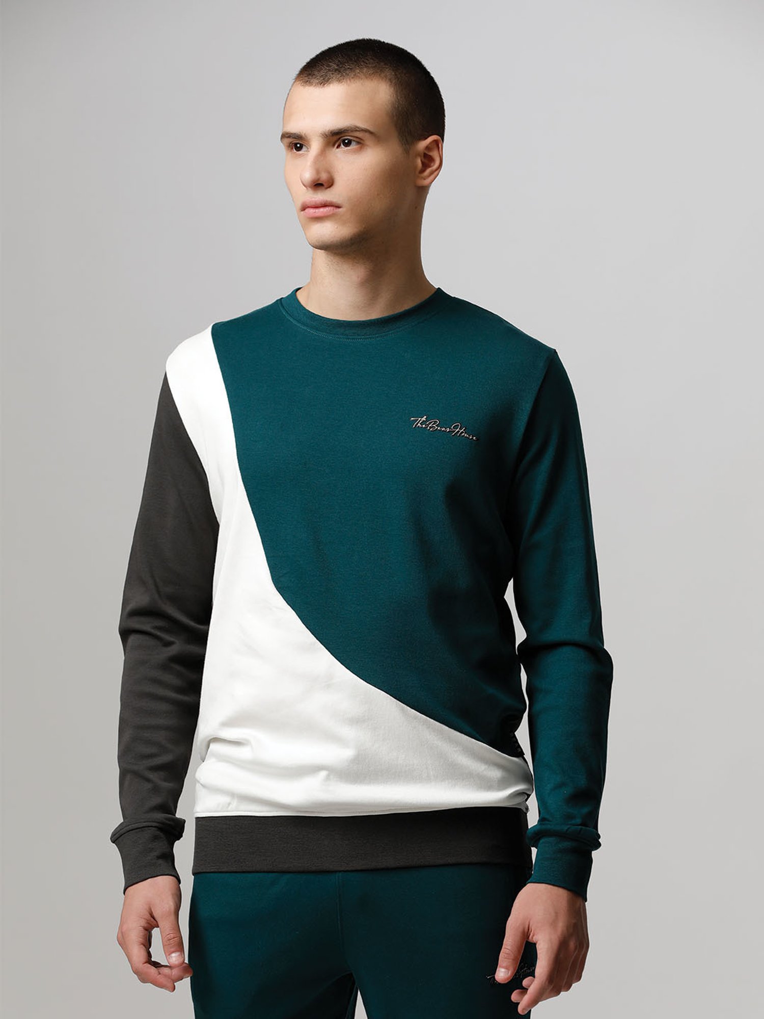 The Bear House Teal Cotton Slim Fit Colour-Block Tracksuit