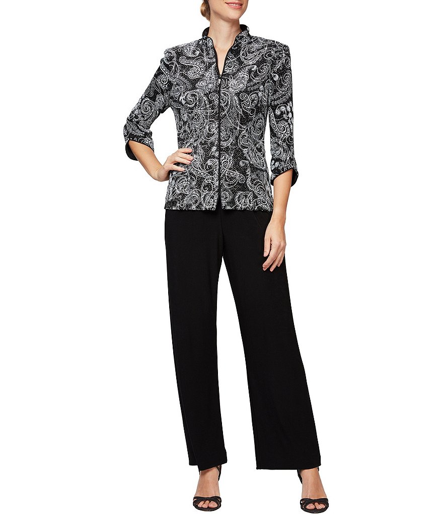 Alex Evenings Petite Size Mandarin Collar Zip Front Stretch Glitter Knit Jacket