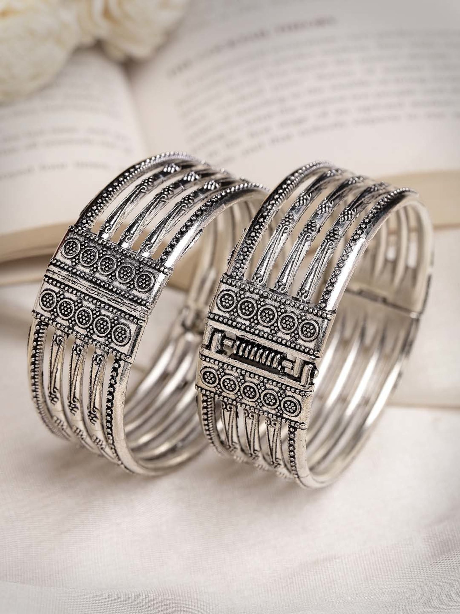 NVR Silver-Toned German Silver Oxidized Kada Bangle for Women