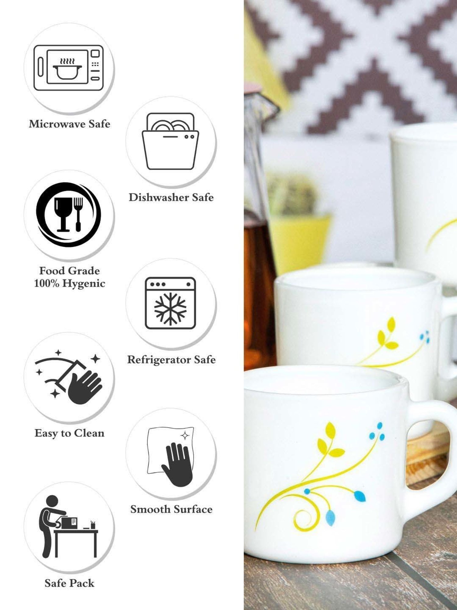 Cello White & Yellow Glass Coffee Mug (0.1 L) - Set of 6