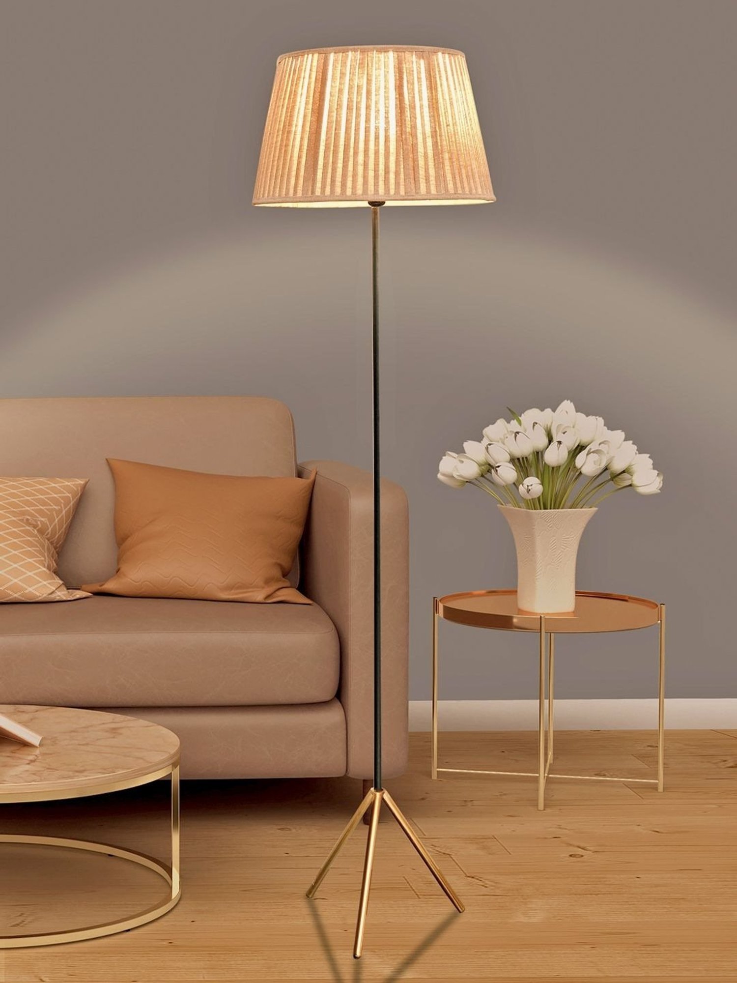 Kapoor Lamp Shades Black & Beige Metal Mizuko Cotton Shade Floor Lamp
