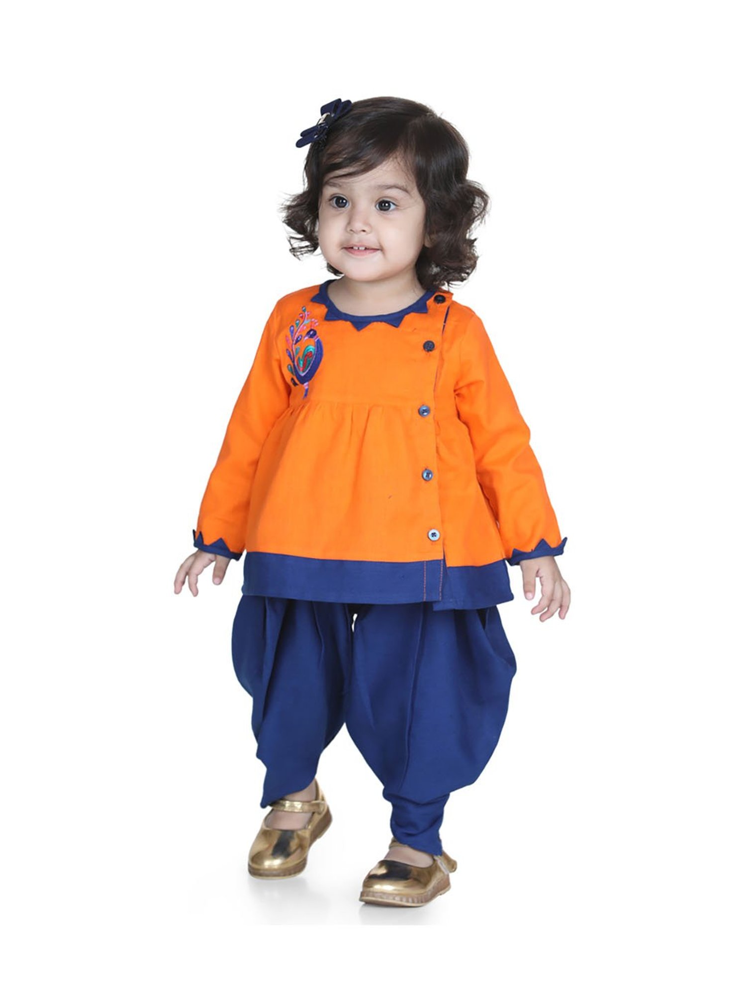 BownBee Kids Orange & Navy Printed Top with Dhoti