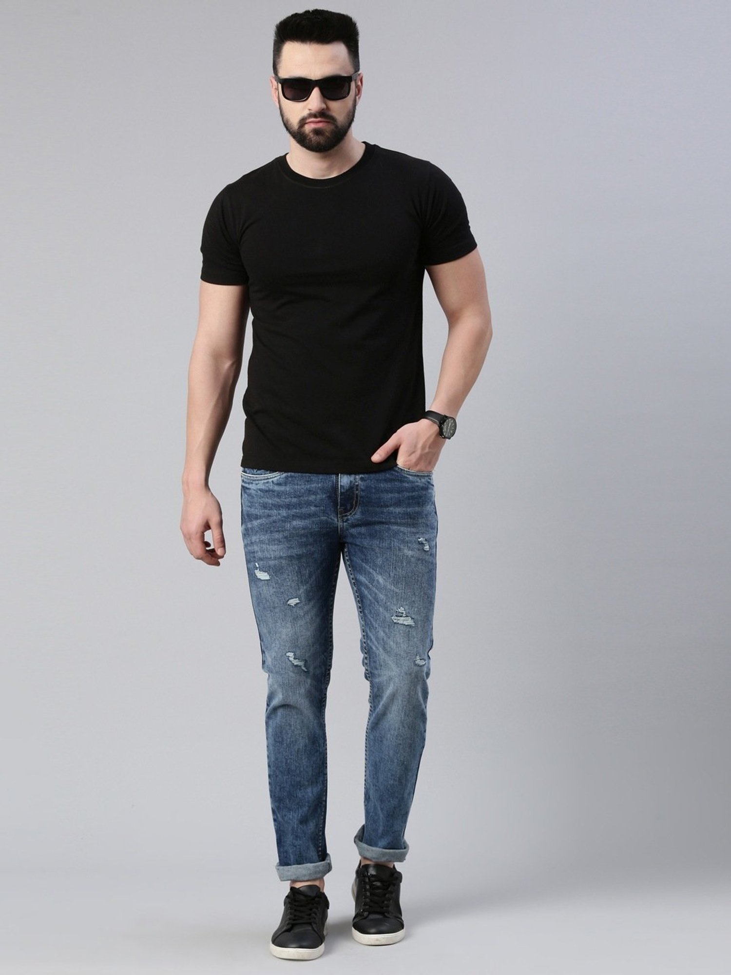 CINOCCI Blue Cotton Slim Fit Distressed Jeans