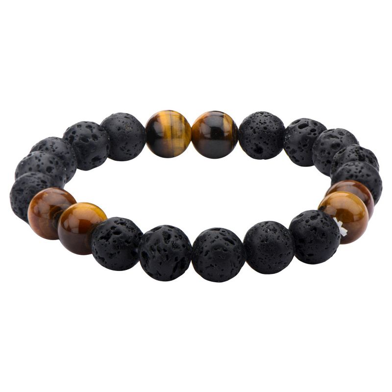 Men's Steel Art Black Lava and Brown Tiger Eye Beads Bracelet (8.5")