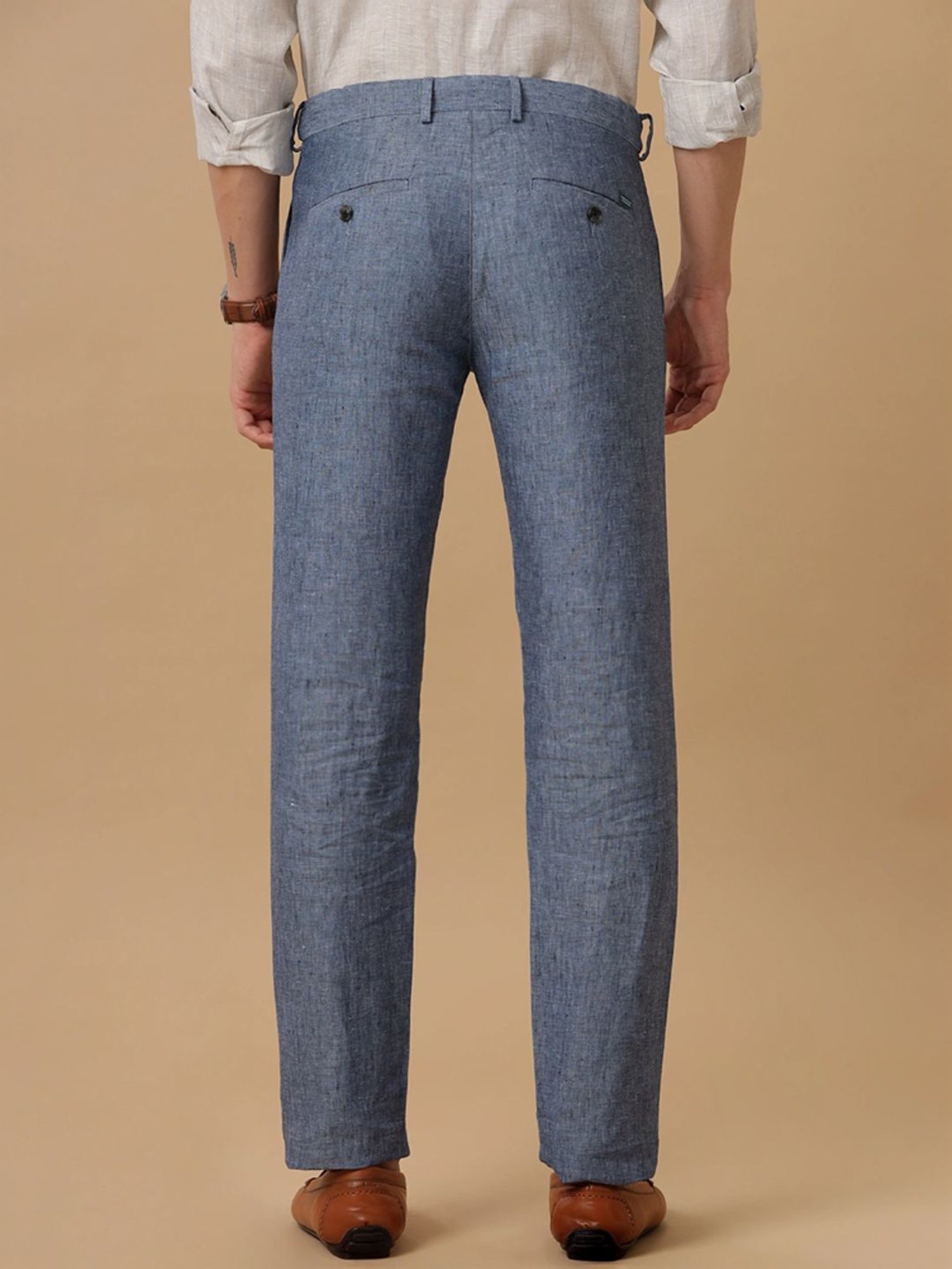 Linen Club Blue Linen Contemporary Fit Texture Trousers