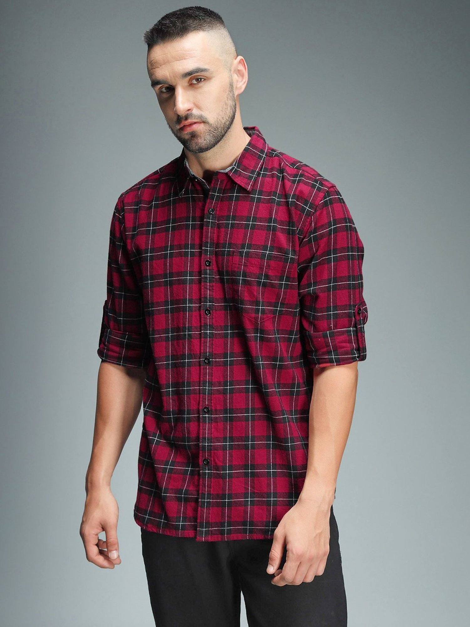 High Star Red Cotton Regular Fit Checks Shirt