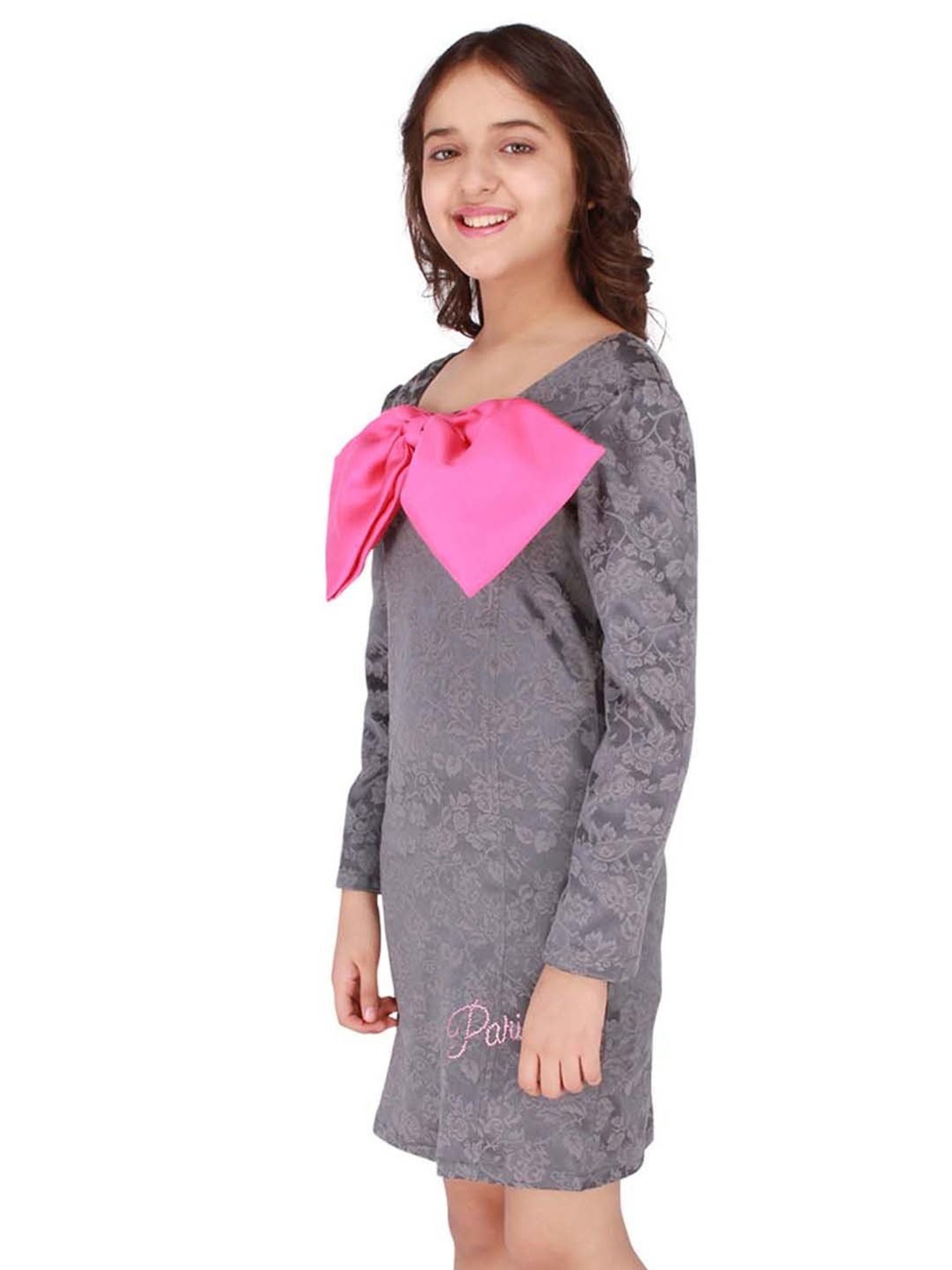 Cutecumber Kids Grey & Pink Printed Full Sleeves Dress
