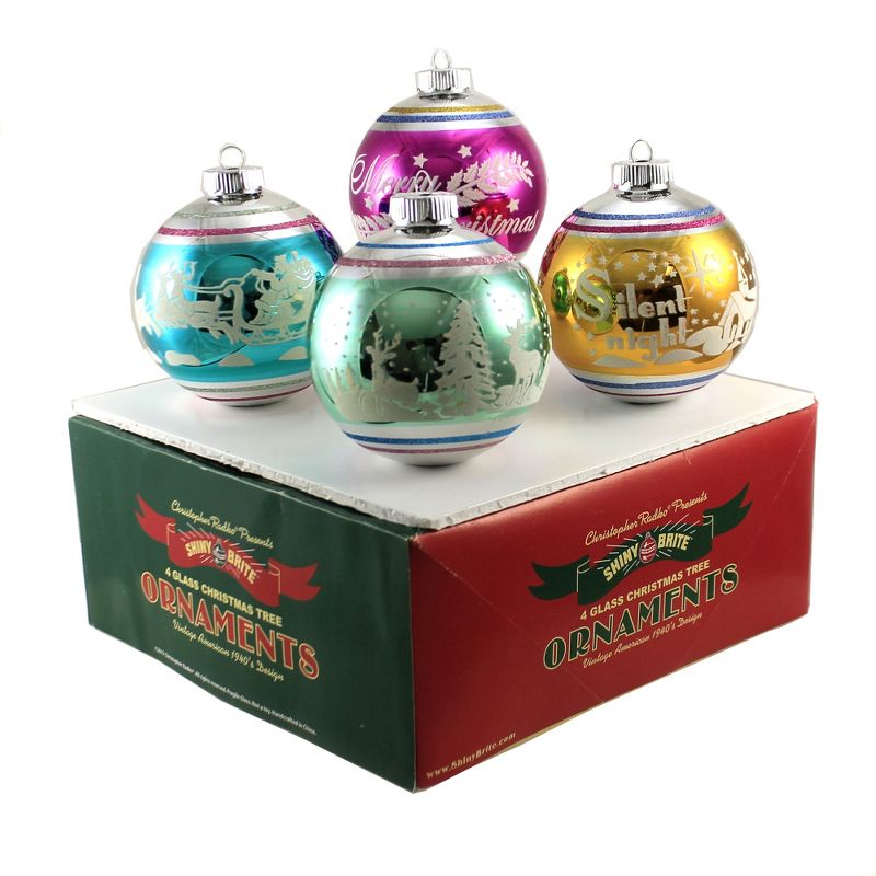 Shiny Brite 4.0" Vintage Celebration Flocked . Christmas Ornament Rounds Balls  -  Tree Ornaments