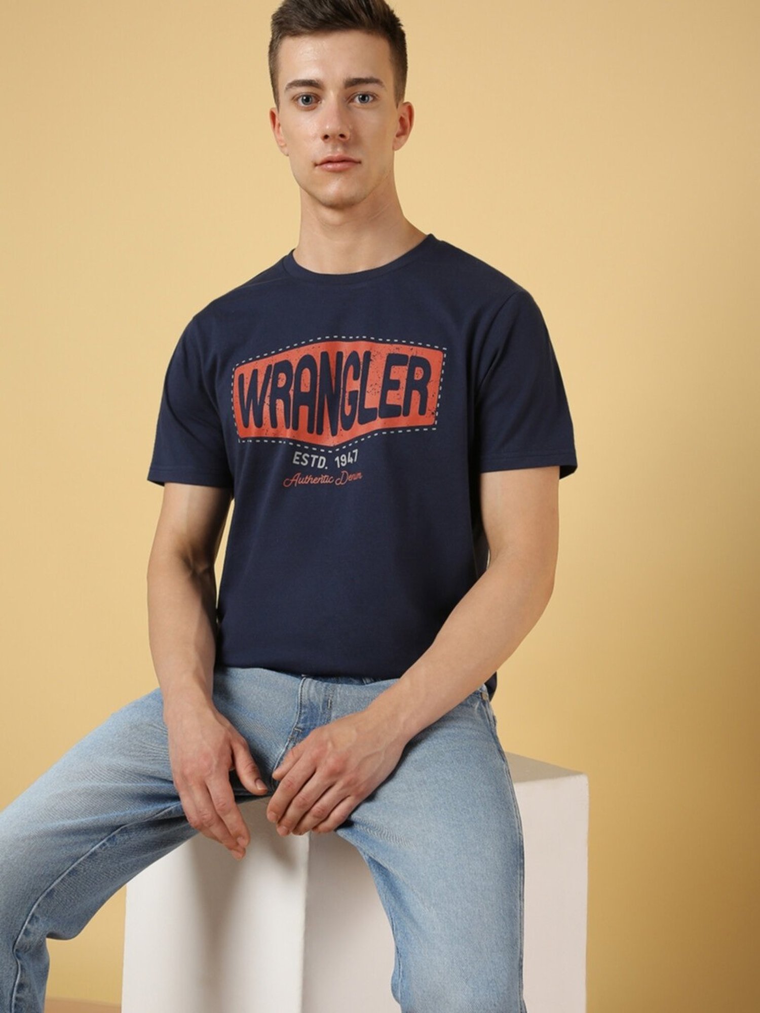 Wrangler Blue Cotton Regular Fit Printed T-Shirt