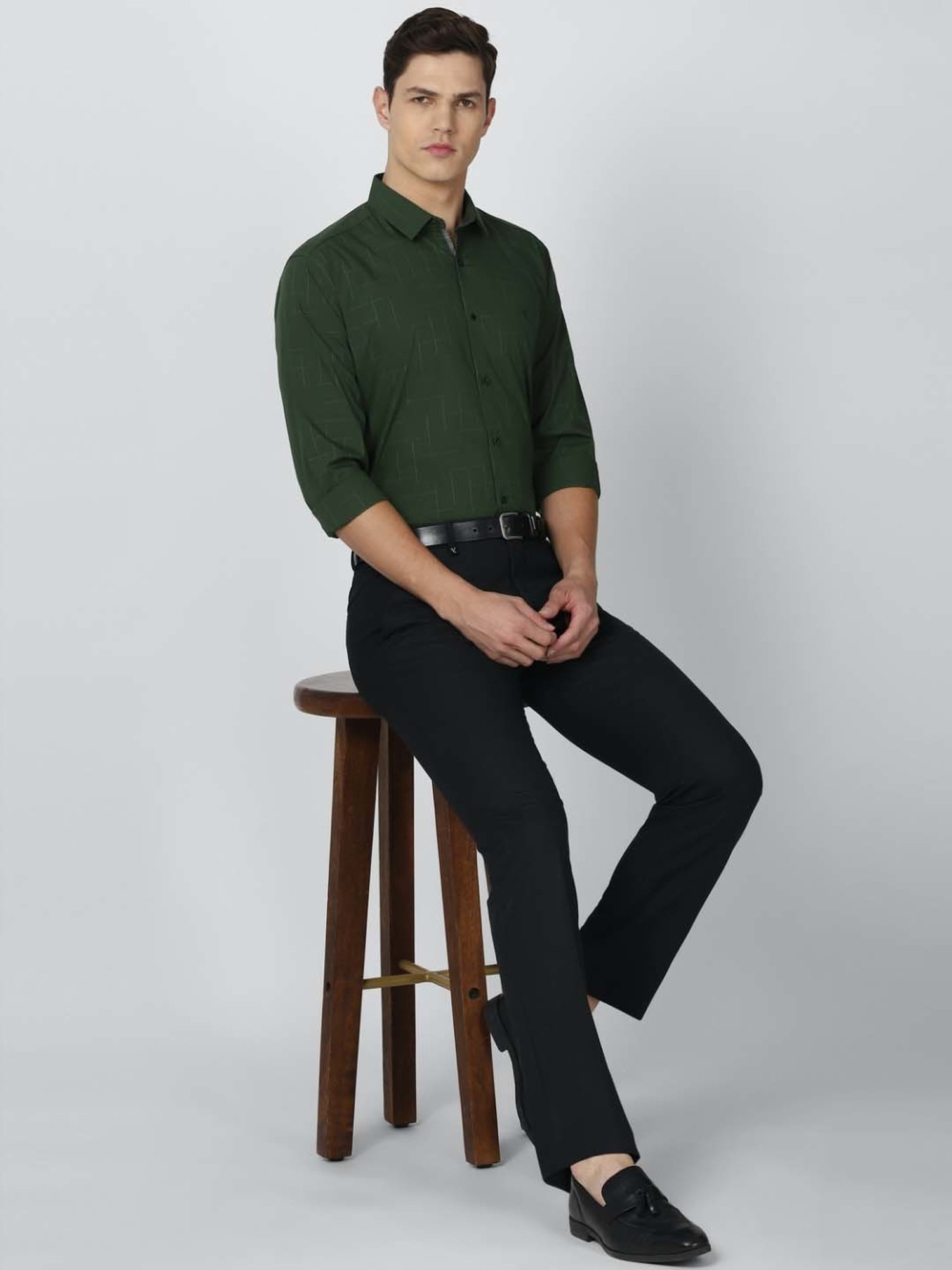 V Dot Green Slim Fit Self Pattern Shirt