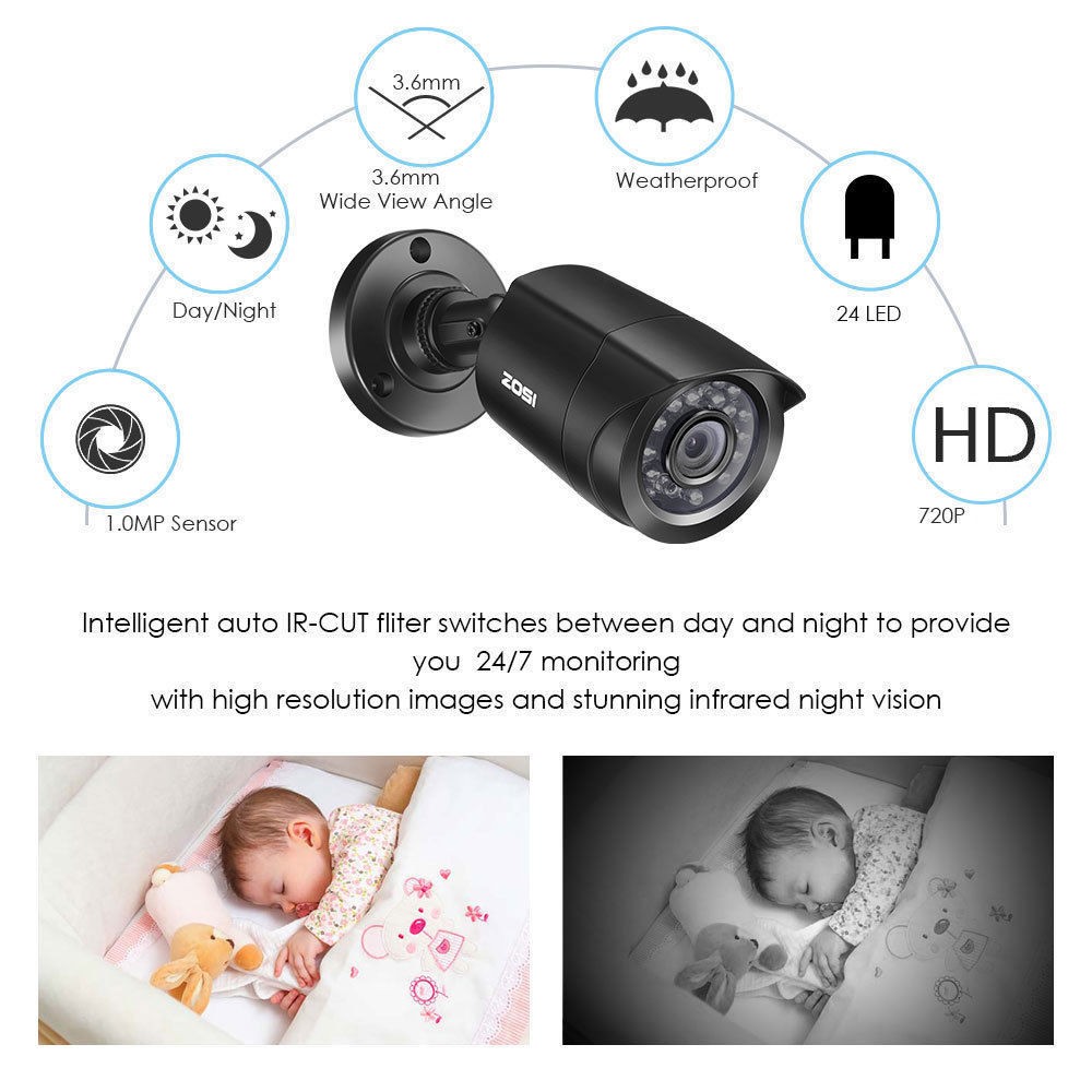 ZOSI HD 8CH 1080P DVR 720P Outdoor Home Surveillance Security Camera System 8 CH