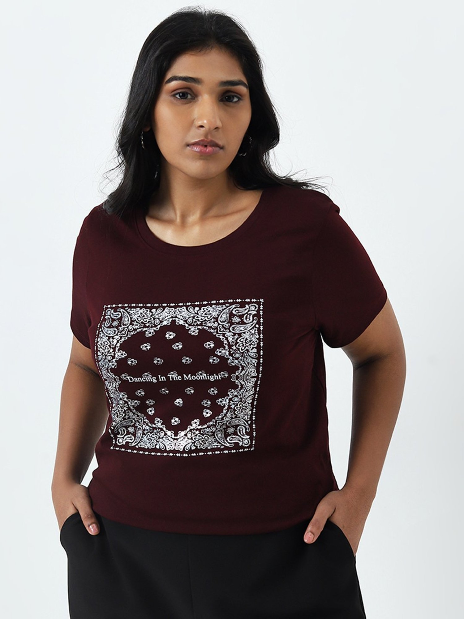 Gia by Westside Maroon Printed Cotton T-Shirt