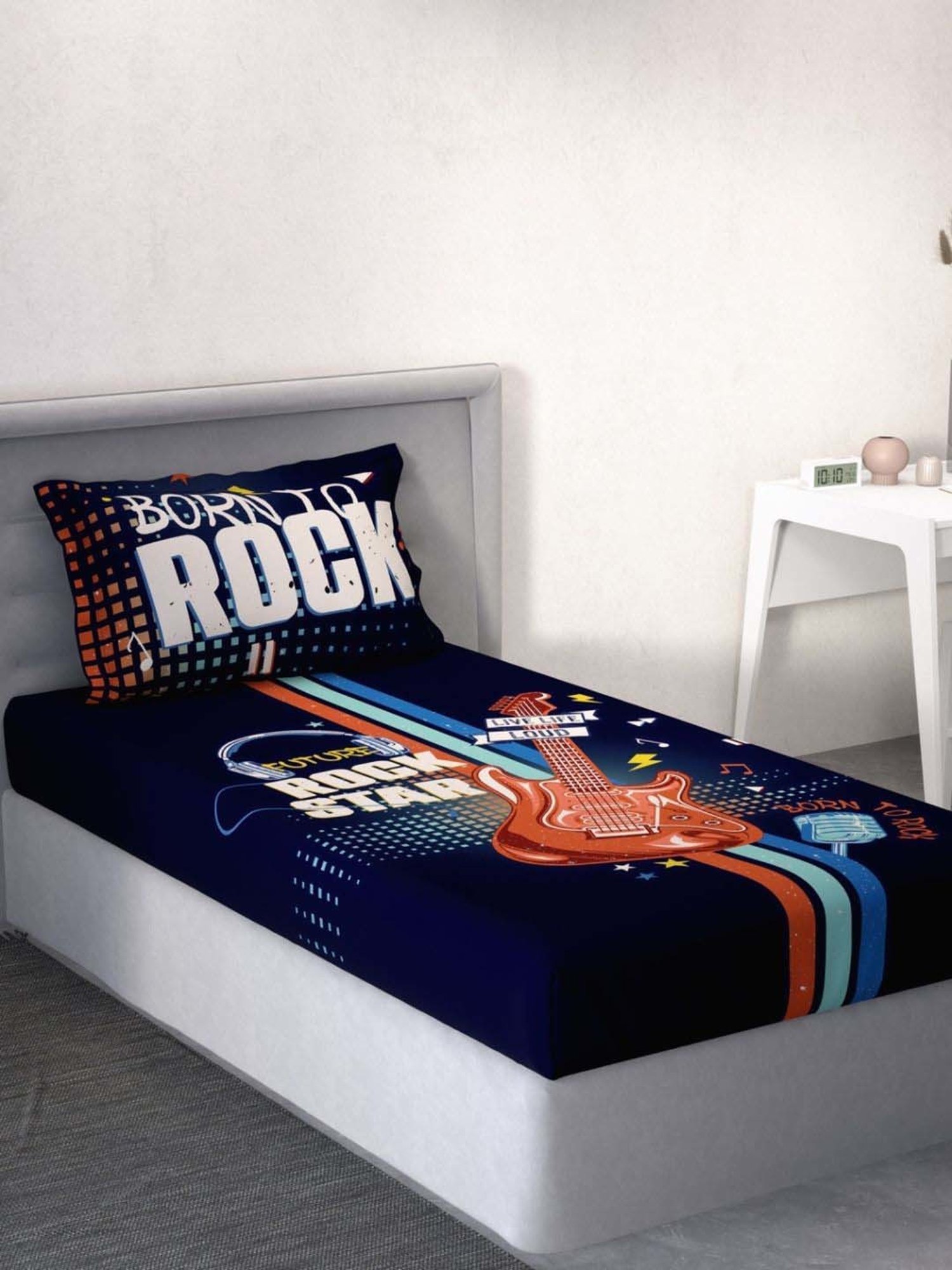 DDecor Rockstar Conversational Blue Cotton 136 TC Single Bedsheet With 1 Pillow Cover