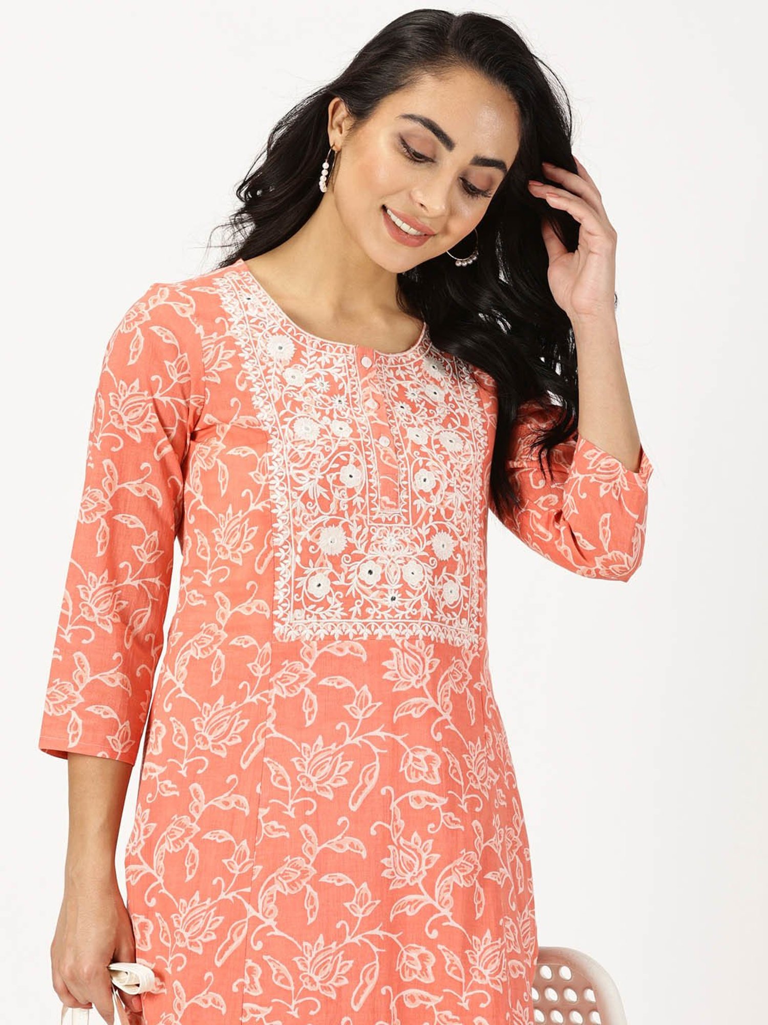 Saffron Threads Coral Cotton Floral Print Straight Kurta