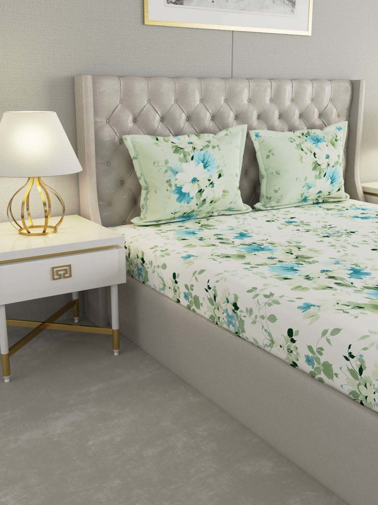 Raymond Home Camphor White & Blue 144 TC Cotton Queen Bedsheet with 2 Pillow Covers