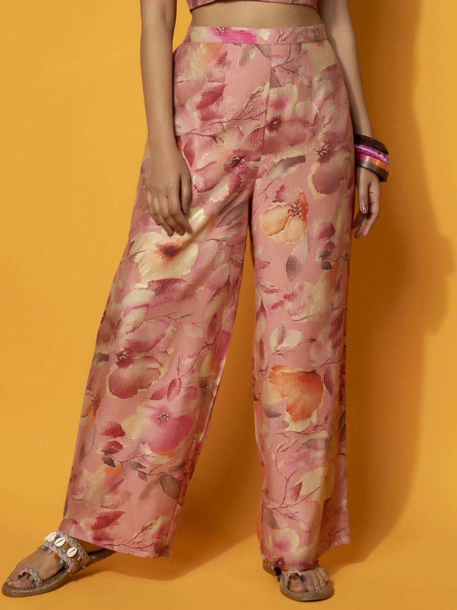 Libas Peach Printed Cotton Blend Co-Ords With Shrug