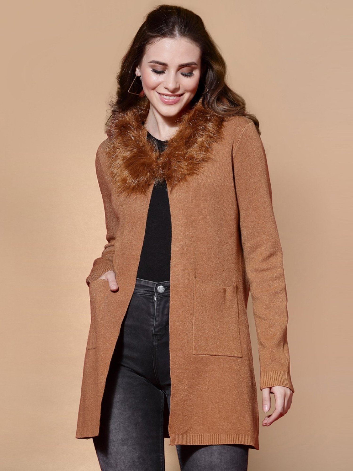 Mafadeny Brown Shawl Neck Shrug