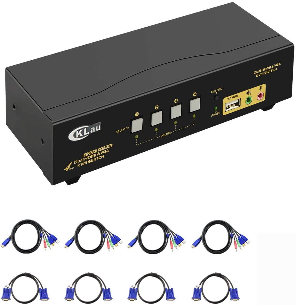 CKLau 4 Port VGA HDMI Dual Monitor KVM Switch Extended Display with Audio, Microphone, USB 2.0 Hub and Cables Support 4Kx2K@30Hz