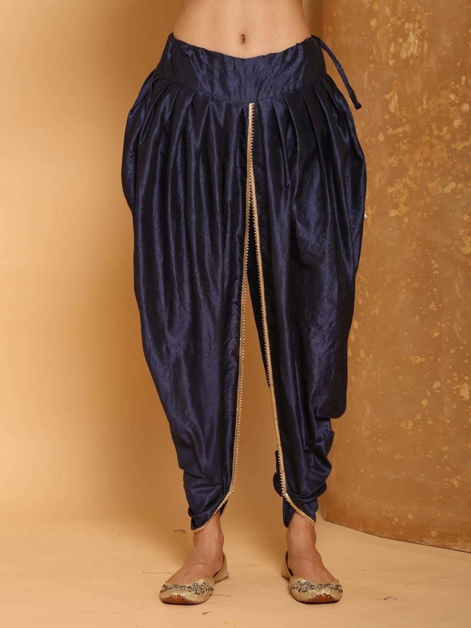 Kaanchie Nanggia Navy Blue Cotton Silk Pleated Dhoti Pants