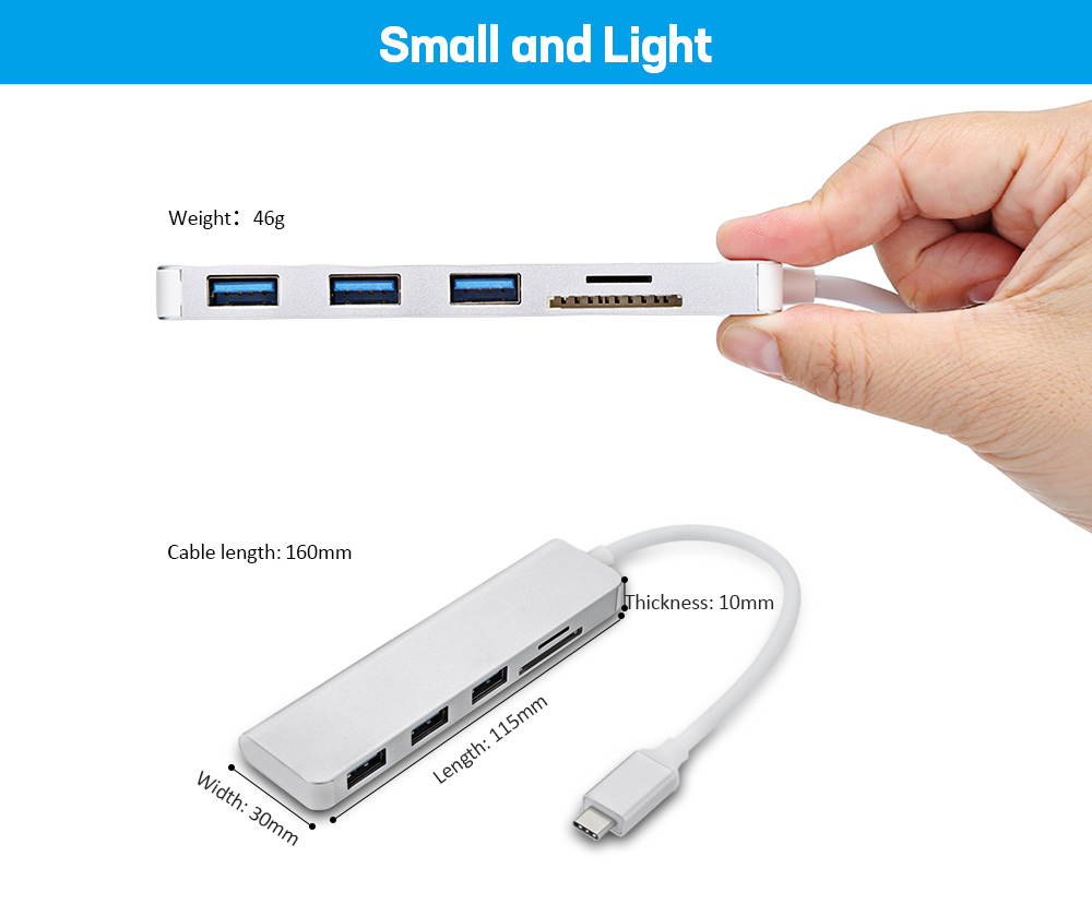 USB-C SD/TF Card Reader with 3 USB3.0 HUB, Type-C HUB Card Reader 5 Port with 3 x USB 3.0 / SD / TF Ports.