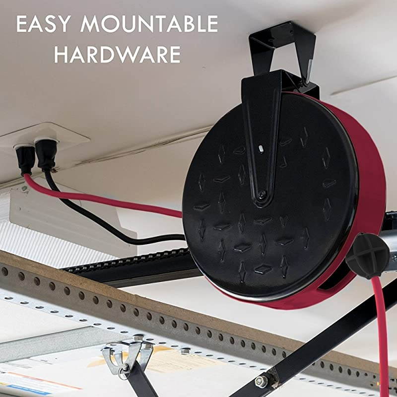 Retractable Extension Cord Reel with Breaker Switch 3 Electrical Power Outlets 163 SJTW Durable Red Cable Perfect for Hanging from Your Garage Ceiling