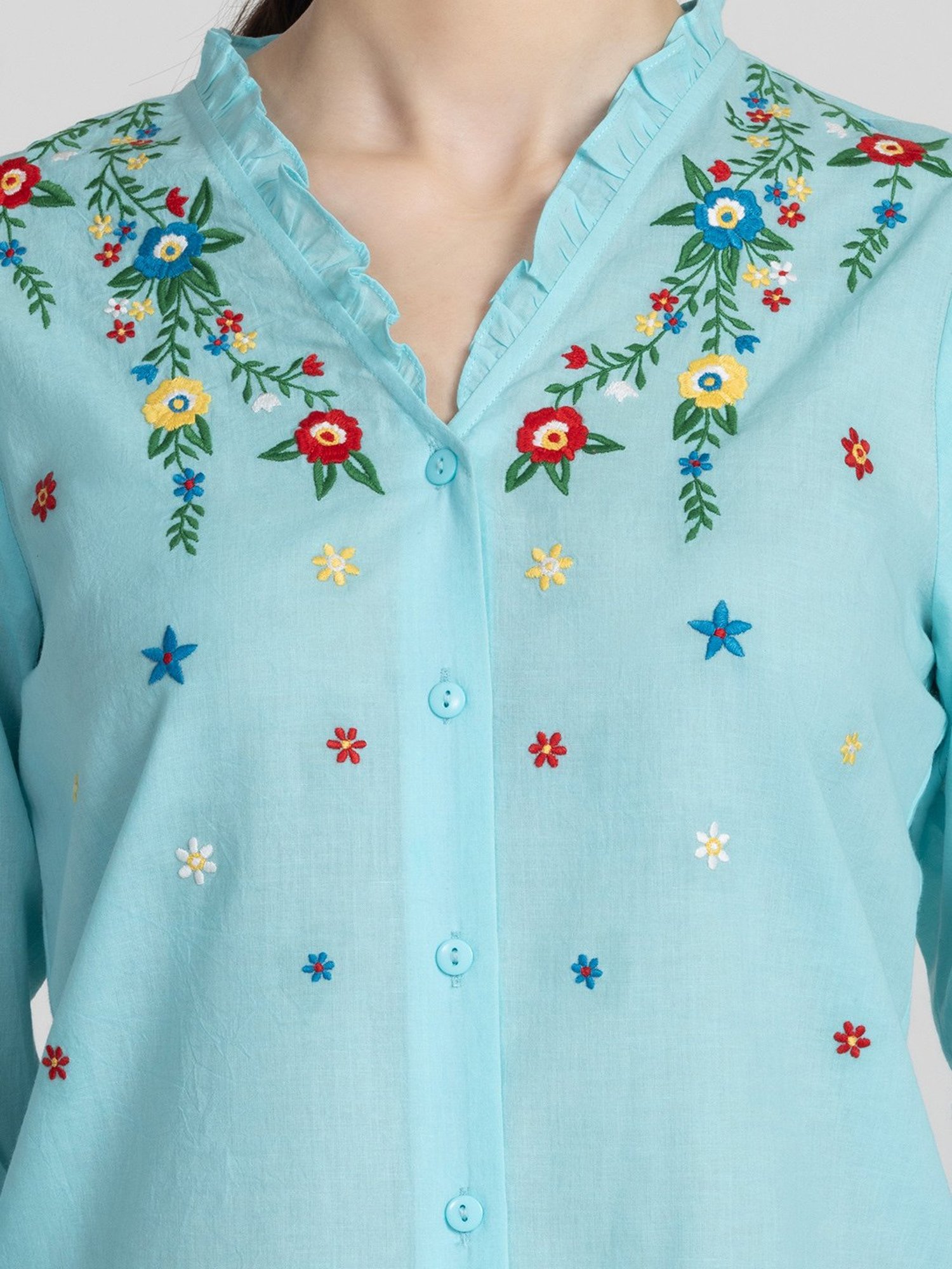 SHAYE Blue Cotton Embroidered Top