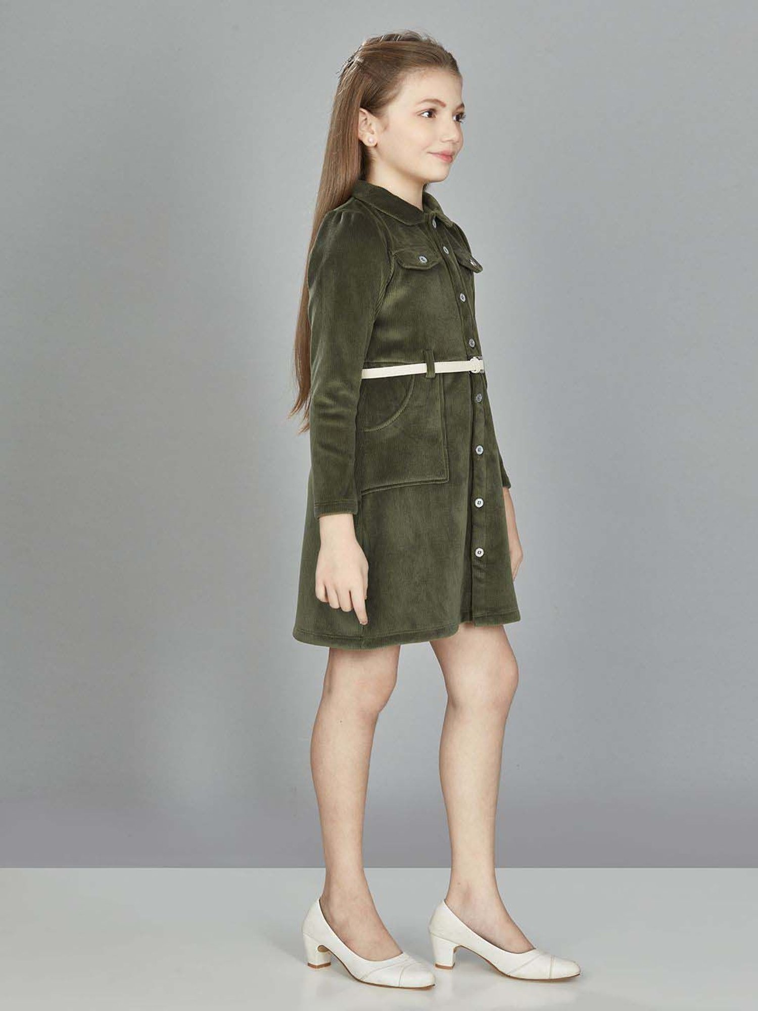 Peppermint Girls Olive Striped Full Sleeves Dress