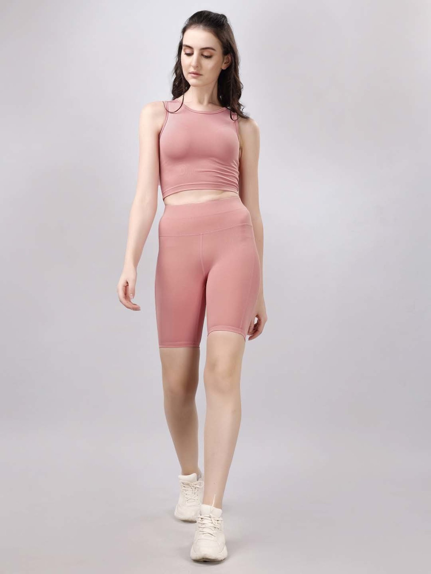 Soie Pink Plain Sports Tank Top Shorts Set