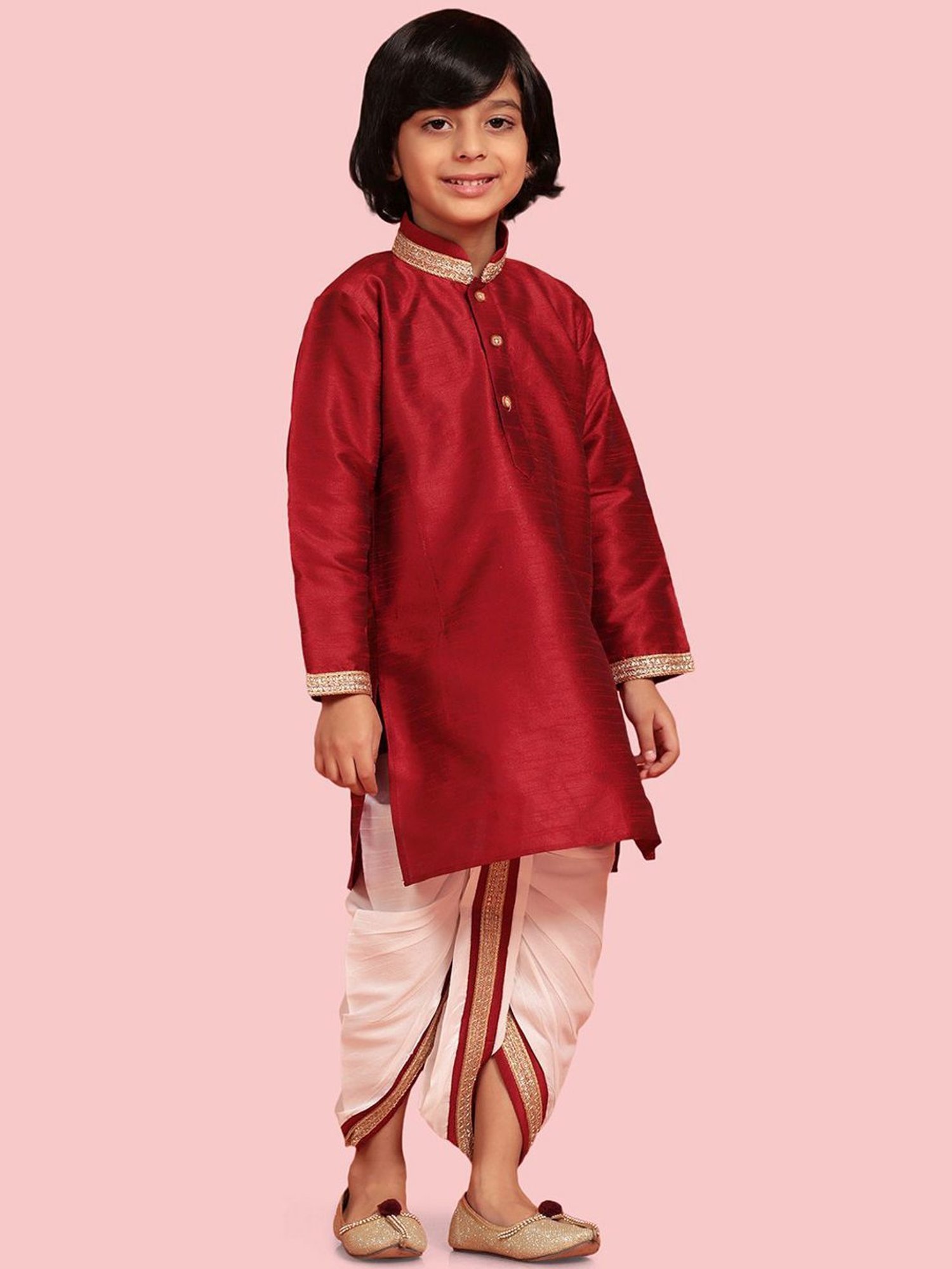 AJ Dezines Kids Maroon & White Embroidered Full Sleeves Kurta Set