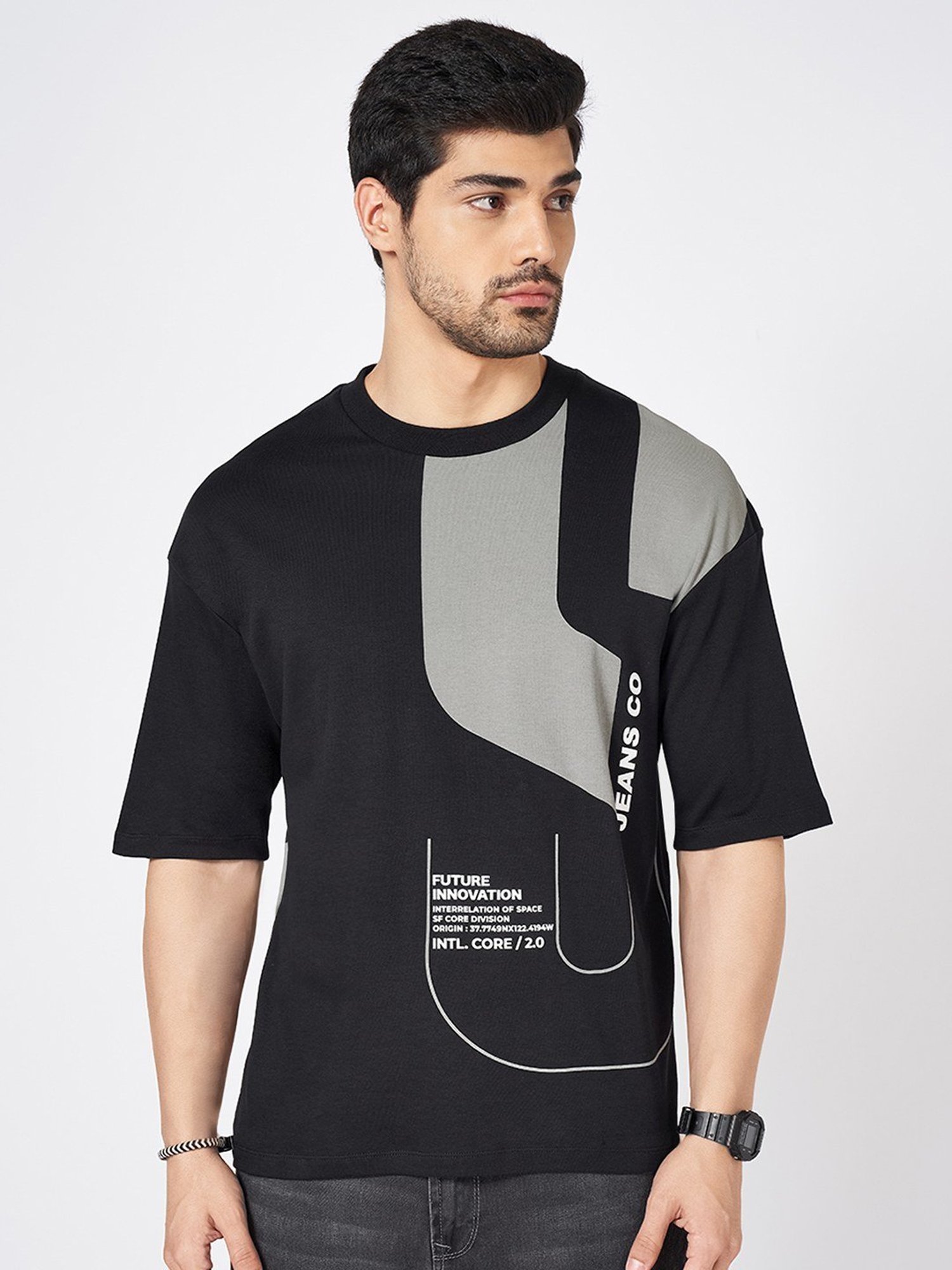 Sf Jeans By Pantaloons Black Cotton Loose Fit Printed T-Shirt