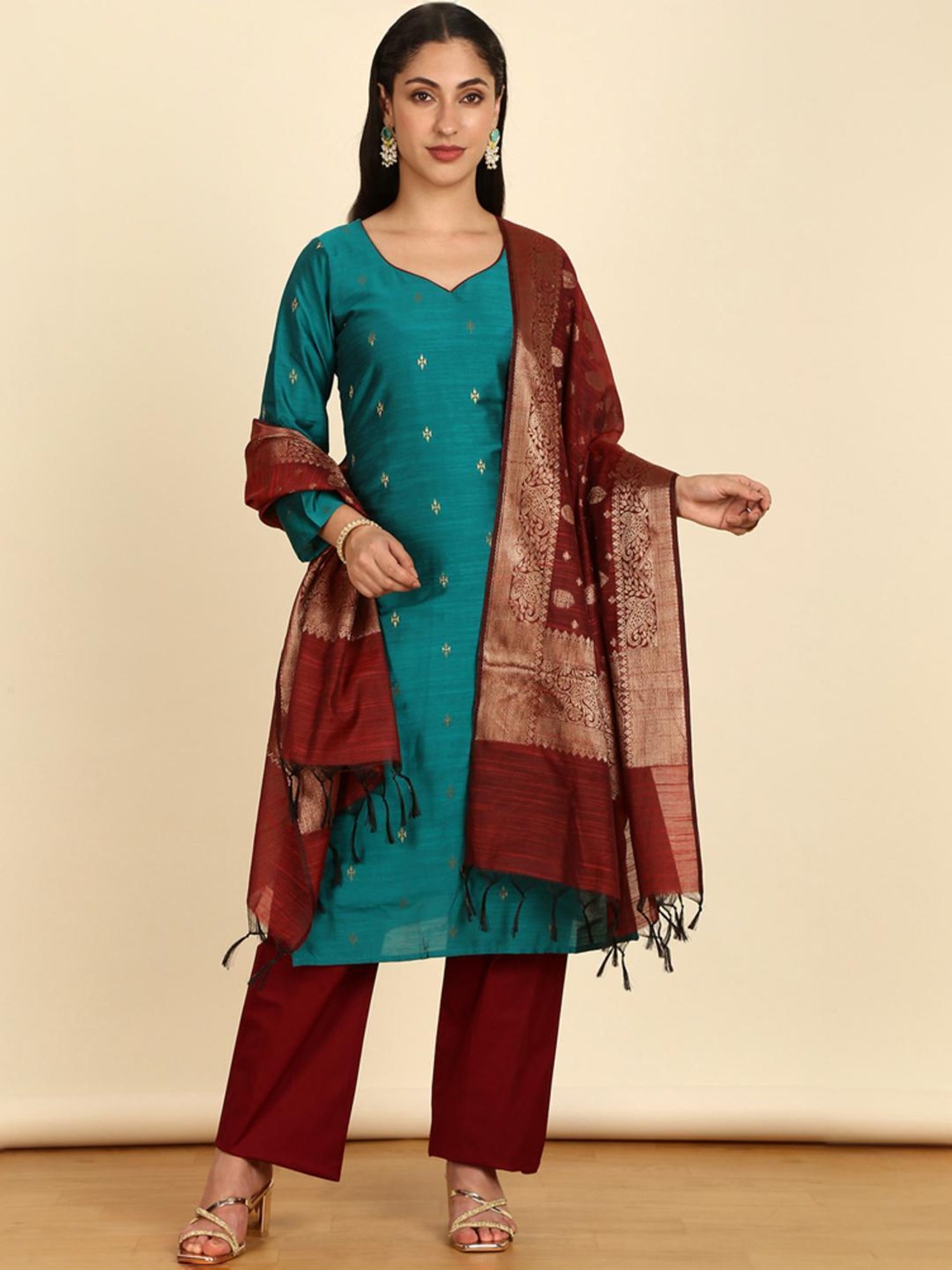 Soch Womens Teal Silk Blend Zari Woven Unstitch Dress Material