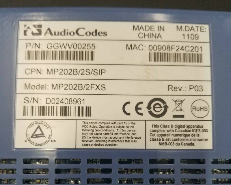 AudioCodes MP-202B FXS Gateway GGWV00255 Analog VOIP Adapter